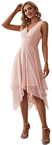 Ever-Pretty Robe de Soirée Longue Femme Asymétrique Col en V en Mousseline de Soie Plissé Classique Rose 42