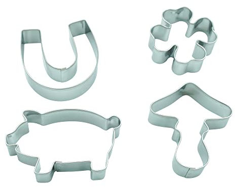 BekkiB 3538-4er Set Glück - Ausstecher Pilz, Klee, Schwein, Hufeisen - Kekse für Neujahr, Schulanfang oder zur Abschlussfeier backen