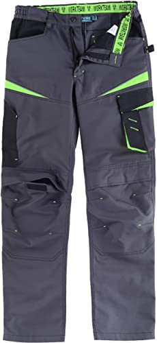 Work Team Pantalón de Trabajo, Tejido Canvas (Extremadamente Resistente y Duradero). Elástico en la Cintura. Unisex Gris Oscuro+Negro+Verde Lima M