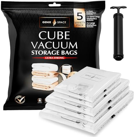 GENIE SPACE Cube Vacuum Storage Bags for Clothes, Bedding and Loft Storage, Variety 5-Pack (1 Maxi+2XL+2L), Airtight, Odour-Proof and Reusable Space Saver Bags with Double Zipper Seal and Hand Pump