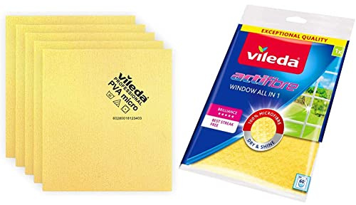 Vileda 143587 - Panno in PVC, confezione da 5, colore: Giallo & Actifibre Vetri e Finestre 36x32cm 1pz Panno, Fibre, Giallo, 0,7x18,5x25 cm