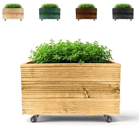 Floranica Bois de Mélèze Jardinières Pot de Fleurs Plantes en Pot Bac Coffre de Jardin Exterieur Trou De Drainage rectangulaire Patio Terrasse 4 Roues 50cm x 53 x 28cm Natural