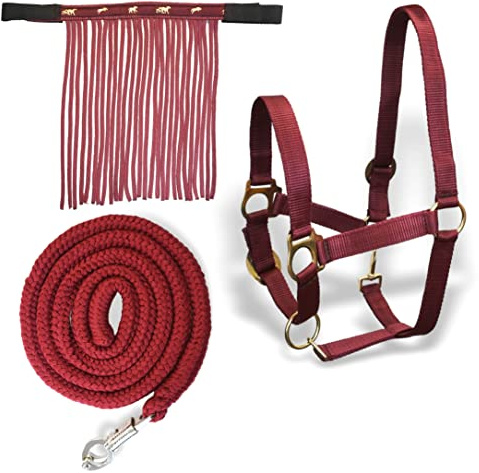 Cabestro para caballos con cuerda y flecos de mosca, cabestro con punto – Cabestro Pony Shetty Cabestro Cob Full Kb (sangre fría (X-Full), burdeos)