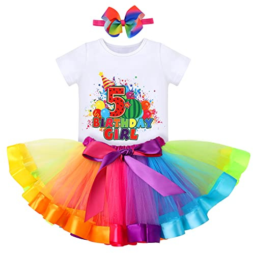 Toddler Baby Girls 5th Birthday Outfit Watermelon Themed Cotton T-Shirt + Rainbow Princess Tulle Tutu Skirt + Bowknot Headband Cake Smash Photo Props Dress for Baby Girls 5th Birthday 5 Years