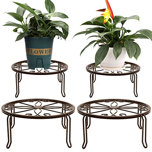MUAEEOK 4 Metall Blumenständer Schwarz Wohnzimmer, Blumenhocker Garten für Innen Außen, Blumenregal Regal Balkon Pflanzenregal Dekoratives Pflanzentreppe Indoor Outdoor Deko (Braun)