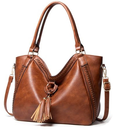 VINBAGGE Sac à Main Femme Sac Bandoulière Cuir PU,Cabas D'épaule Sac Porté Main Fourre-Tout de Cours Affaires Frange Shopping avec Bandoulière Ajustable