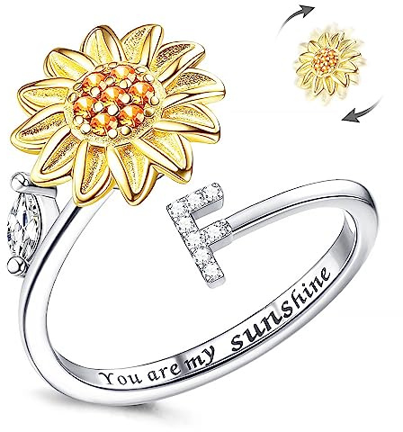 Fidget Ringar för kvinnor, Kucheed Sunflower Justerbar Storlek Spinner Ring, Silver Stapelbar Stress Relief Anti-Angest Letter Finger Circle, Graverad You Are My Sunshine Inuti Smyckesringen(F)
