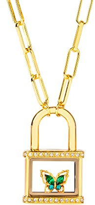 Gold Padlock Butterfly Living Locket Necklace with Crystals 20-22