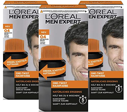 L'Oréal Men Expert One Twist Haarfarbe 3er-Pack, Naturbraun 04, je 50 ml, Ammoniakfrei, Gel & Creme, Für alle Haartypen