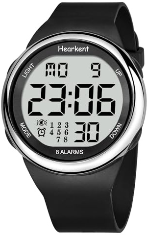 Hearkent Reloj atómico parlante con números grandes LCD para personas con discapacidad visual o personas mayores con retroiluminación brillante y 8 juegos de alarmas separadas, plateado, Moderno