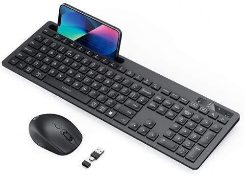 Wireless Keyboard and Mouse Set, Wireless Keyboard Mouse Combo with USB A and USB C Receiver, Full Size Keyboard with Phone Holder Compatible with Macbook Air/Pro Windows PC/Desktop/Laptop, Black