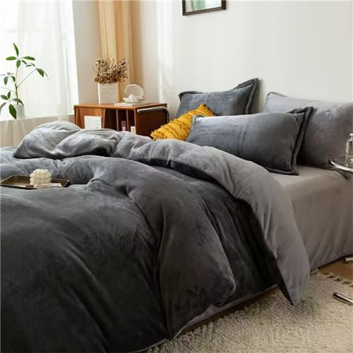 Freyamy Plüsch Bettwäsche 155x220cm 2Teilig Dunkelgrau Grau Samt Biber Cashmere Touch Winterbettwäsche Flanell Flauschige Wendebettwäsche Warme Bettbezug mit Reißverschluss und 1 Kissenbezug 80x80cm