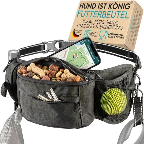 HUND IST KÖNIG godbitsväska för hundar godsaker & hundtillbehör – robust midjeväska hund – foderpåse hund med bajspåsdispenser, mobilfack & rem för flexikoppel