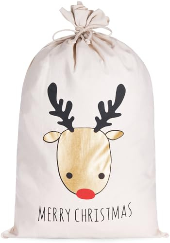BRUBAKER Weihnachtssack Rentier Gold - Merry Christmas - 80 cm Geschenksack Weihnachten - Nikolaussack Sack Baumwolle mit Kordel zum Verpacken von Geschenken - Rentierkopf