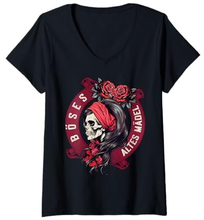 Damen Böses Altes Mädel Bandana Schädel Rosen Bikerin Totenkopf T-Shirt mit V-Ausschnitt