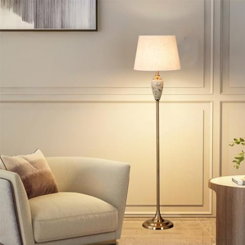 Stehlampe Wohnzimmer, Moderne Höhe Stehleuchte mit Metall, Lampenschirm aus Stoff, E27 Fassung, Fußschalter, Gold Stil, Leselampe Keramik Standlampe für Wohnzimmer Schlafzimmer Arbeitszimmer (B)