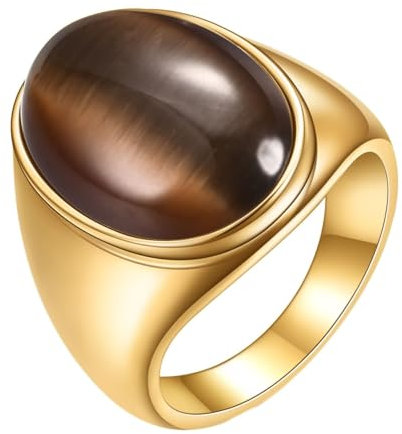 Daesar Edelstahl Ring Herren Gold, Männer Ringe Personalisiert mit Braun Katzenauge Siegelring Ring Große 54 (17.2)