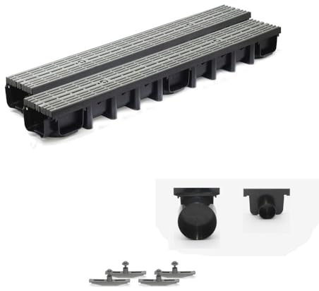 ScarMaxx - Set di grondaie di drenaggio da 2 m – grondaia – Scarico Acqua piovana – Scarico con griglia – Altezza A15 98 mm – Set Completo – Griglia longitudinale Line Grigio – 13 x 200 x 9,8 cm