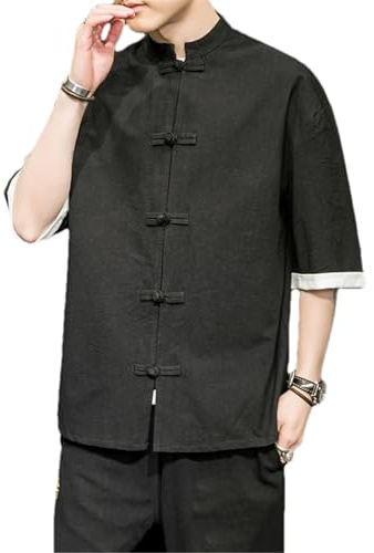 Kimono Giacca Uomo Abbigliamento Cinese Tradizionale Lino Hanfu Top Manica Lunga Tang Suit Kung Fu Camicia, Bk001, XXL
