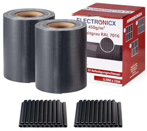 Electronicx PVC Sichtschutzstreifen für Gartenzaun - Anthrazitgrau (RAL 7016), 70m (2 x 35m) x 19cm, Hochwertige 450g/m² UV-beständige Sichtschutzmatten, Außenbereich Sichtschutz mit 40 Clips
