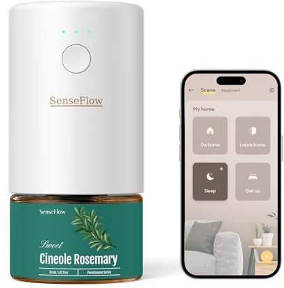 SenseFlow Aroma Diffuser für Ätherische Öle Smart Wi-Fi SF101S, Wasserloser Ultraschall Duftstecker Raumduft, 100% pflanzlich Lufterfrischer, 120-Tage Aroma für Zuhause bis zu 100 m²- Cineol Rosmarin
