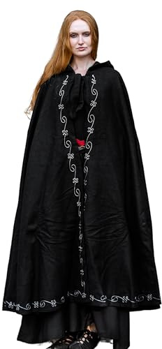 Leonardo Carbone® Unisex Mittelalter Wollumhang mit Stickerei Alma - Mittelalter Kleidung Damen & Herren, Cape Männer, Hobbit Kostüm, LARP-Kleidung, Wikinger, Cosplay, Halloween Schwarz