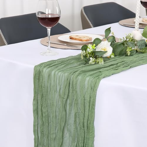 Jumdast käsetuch Tischläufer Boho, Tischläufer Modern Abwaschbar Hochzeit Outdoor Garten Wetterfest Musselin Chiffon Stoff Hochzeitsdeko Taufe Deko Tischdeko (Salbeigrün, 90 x 180 cm)