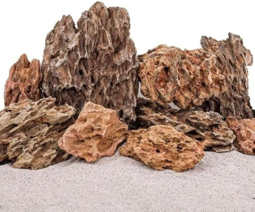 AquaOne Aquarium Steine Drachensteine 5kg Mix I Natursteine Dragon Größe S bis L I Aquascaping Gestein I Felsen Dekoration I Pagode Rückwand braun