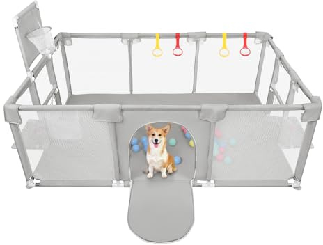 OHMG Babypark, 180 x 120 cm, barns aktivitet med bas, modulär, vikbar, stor småbarnspark med dragkedja, 50 bollar, basketställ, 4 sugkoppar (180 x 120 x 66 cm - ljusgrå)