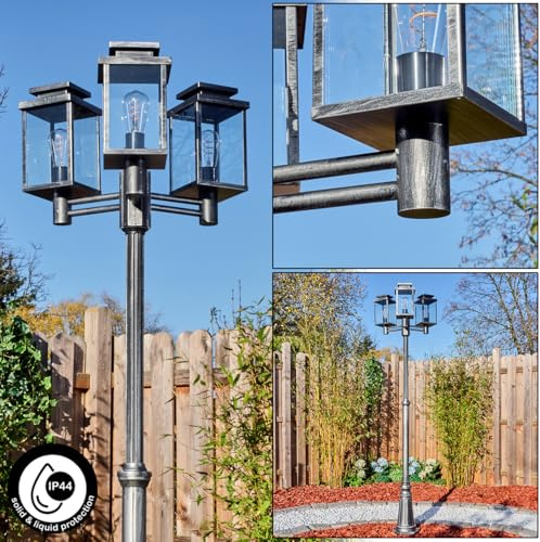 HOFSTEIN Kandelaber Tieva, Außenwegeleuchte aus Metall/Glas in Schwarz/Silberfarben/Klar, moderne Wegeleuchte im Vintage/Retro-Design für Garten, Außenbereich, Hof, Wegebeleuchtung 226cm, 3x E27, IP44