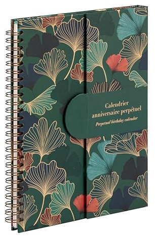 Clairefontaine - 116246C - Un Calendrier Anniversaire Perpétuel à Spirale 23x17 cm 50 Pages Imprimées - Décor Feuilles de Ginkgo - Fermeture Aimantée pour affichage sur la table - Collection Gaïa bleu