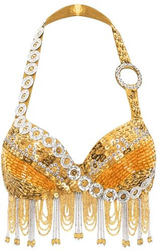 CHICTRY Bra Top Danse Orientale Femme Costume Professionnel Sequins Belly Danse Soutien-Gorge Danse Indienne à Paillettes avec Perles Jaune L