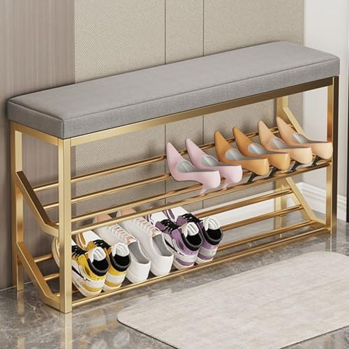 HARELA Polsterbank Schuhregal Metall mit 2 Ebenen und Sitzbank Schuhbank Schuhschrank, Aufbewahrungsbank, Schuhschrank mit großer Kapazität für den Eingangsbereich(Gold E,80cm/31.5in)