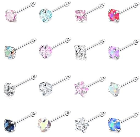 FloralGrace 16 Stück Hypoallergene Nasenringe Edelstahl Nasenstecker für Frauen 3 mm CZ Opal Labret Lippe Nasenpiercing Schmuck L-förmige Nasenringe