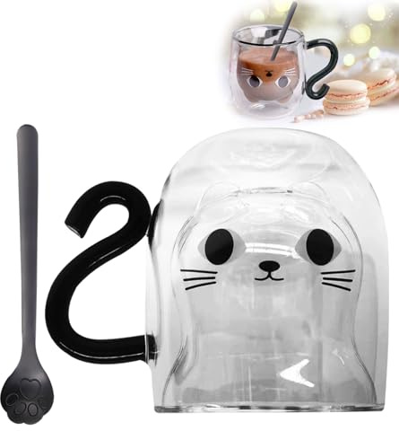 O³ Tazza Gatto Nero 250ml Doppia parete isolante - Set: Tazza Vetro Borosilicato + Cucchiaio Acciaio inox - Caffè, Cappuccino, Latte Macchiato, ube latte... (nerovetro)