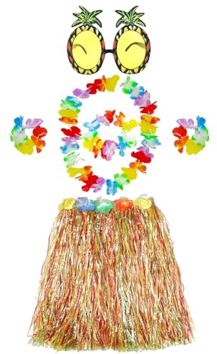 ATSNOSH Hawaiianisches Hula-Set, 40cm Hawaiianischer Grasrock, Ananas Sonnenbrille, Hawaii Girlanden Armbänder, Hawaii Party Faschingskostüm, für Tropische Party Dekoration Beachparty