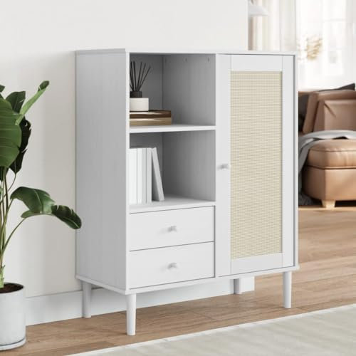 MOBCANT Highboard, Schuhschrank Geschirrschrank Vitrinenschrank Küchenbuffet Geeignet für Schlafzimmer Foyer Korridor Wohnbereich Rattan-Optik Weiß 90x40x112 cm Kiefernholz