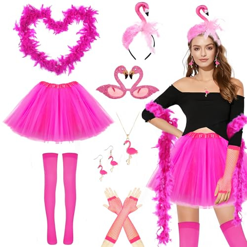 Grantop 11pcs Flamingo Kostüm Erwachsene,Karneval Kostüm Accessorie,Flamingo kostüm damen Mädchen,Federschal, Flamingo Accessoires Kostüm für Party Karneval