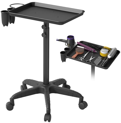 Suusolny Salon Rollwagen Höhenverstellbarer aus Aluminium mit Stauraum Tattoo-Tablettwagen mit 4 Rädern Mobiler Friseurwagen Schwarz Salon Trolley mit Fönhalterung Trolley-Wagen für SPA Dentalwagen