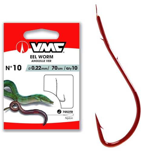 VMC Aalhaken 7053 Vorfachhaken Rot - Handgebundene Wurmhaken 70cm für Süßwasser, Profi Haken für kapitale Aale & große Barsche, gebundene Vorfachhaken, Needle-Sharp Spitze, 10er Pack