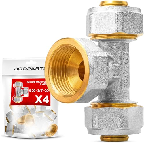 BOOPARTS – 4 piezas – Pieza en T de 20 mm x 3/4 pulgadas IG x 20 mm | Tornillo de latón | Rosca interior en T | Para tuberías de múltiples capas | Fontanería y calefacción