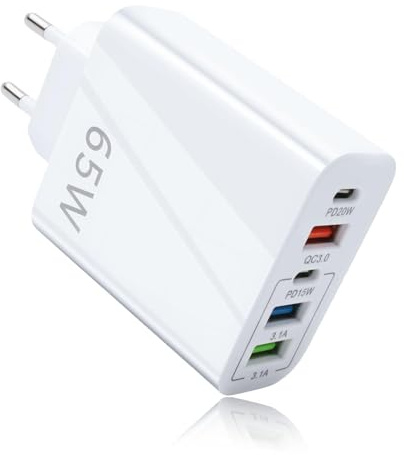 USB C Ladegerät 65W 5 Port Schnellladegerät PD 3.0 3USB Mehrfach Ladestecker Netzteil mit USB-C USB-A für iPhone 16 15 14 13 12 11 Pro Max SE XS XR Pro iPad Galaxy Xiaomi Huawei