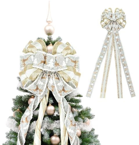 SilverChry Fiocco Decorativo Natalizio, 110x28cm, Puntale per Albero di Natale, Decorazione Natalizia, con Nastro Lungo, Adatto per Decorare l'Albero di Natale, Ghirlande, Casa, Festival (Bianco)