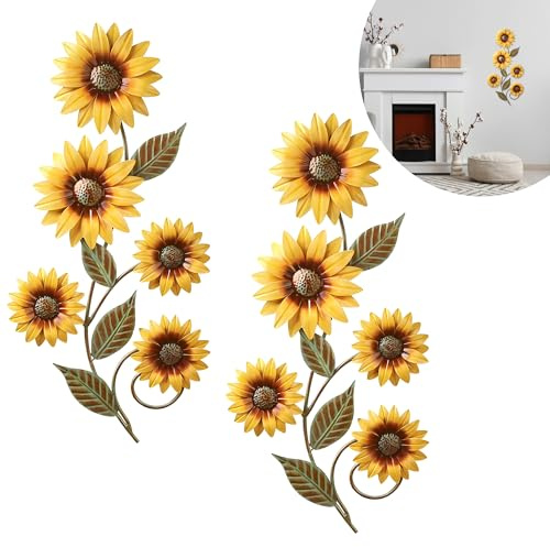KUAJTUN 2PCS 3D Sunflower Metal Wall Art, Rustic Farmhouse Garden Wall Art for Porch, Fence, or Patio, Bright Wall Decorations for Living Room, Bathroom, or Countryside Garden Ornaments Outdoor