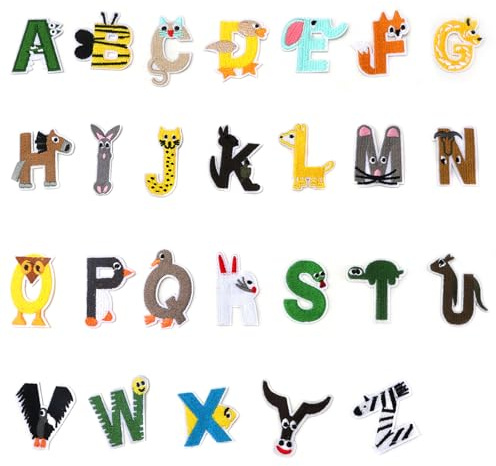 Cheynn 26 Stück Flicken zum Aufbügeln Kinder, Lustige Tiere Bügelflicken Bestickte Buchstaben Aufnäher Cartoon Patches zum Aufbügeln DIY Bügelpatches Klein Bügelbilder für Jeans Kleidung Rucksäcke