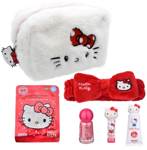 TAKE CARE | Astuccio da toilette Hello Kitty + cura bellezza | Crema mani e balsamo labbra ciliegia, fascia per capelli, smalto rosa iridescente & maschera tessuto viso idratante | +90% ingredienti