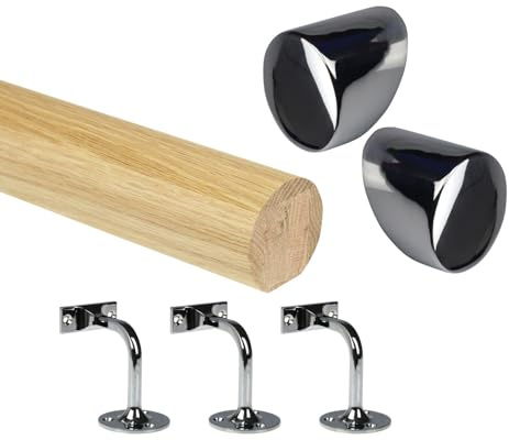 Oak Round Mopstick Handrail Kit with Wall Brackets & Forge End Caps – 1800–4200mm, Chrome/Black/Brushed Nickel/Antique Brass (Chrome, 1800mm)