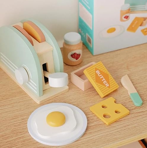 Wooden Toaster Set for Kids – Montessori Pretend Play Kitchen Toy | Bread Maker with Toast, Egg, Butter, Jam, Knife, Cheese & Plate | Educational Role-Play Set for Toddlers | Wooden Breakfast Toy