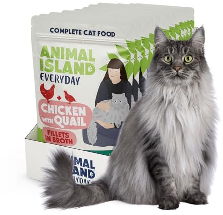 Animal Island Alimentation Humide pour Chat Adulte Filets de Poulet et Caille en Bouillon Aliment Complet en Sachet pour Chats Exigeants Toutes Races, 12 x 85g