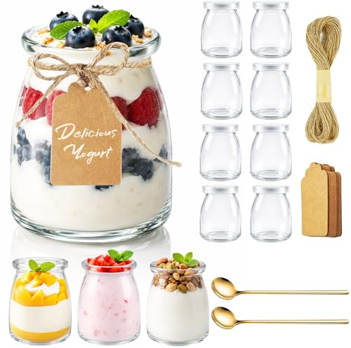 12Pcs 150ml Reusable Glass Yoghurt Pots, Yogurt Pudding Small Glass Jars with Lids, Spoon, Pudding Glasses Bottle, Mini Cup Small Glasses Bottles, Yogurt Pot for Chia, Milk, Jelly, Jam,Dessert